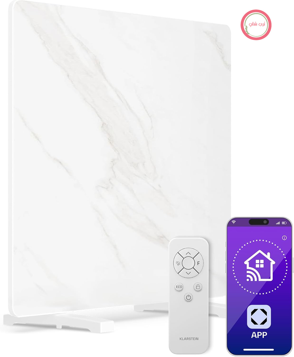 بخاری دیواری مادون قرمز Klarstein 420W – ظاهر مرمری، ترموستات، کنترل از طریق اپلیکیشن و الکسا، IP43، محافظت در برابر گرمای بیش از حد، برای حمام و اتاق نشیمن، بخاری دیواری برقی، سفید