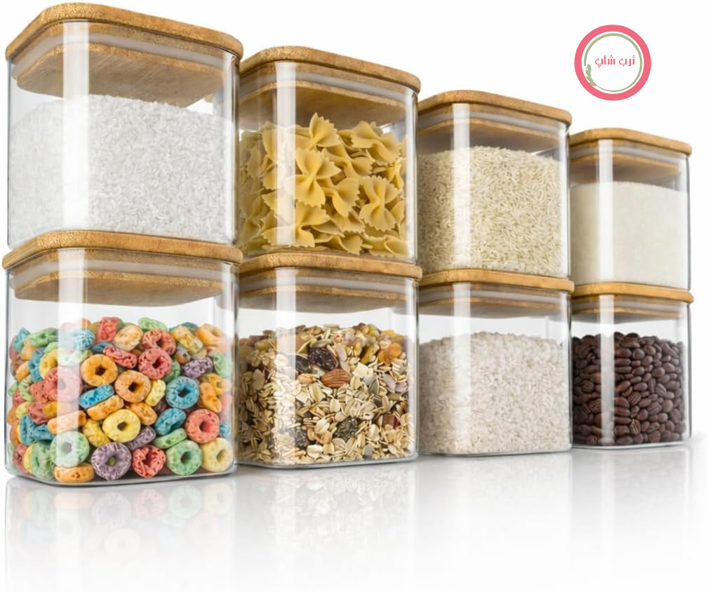 آرندو - ظروف نگهداری ۸۰۰ میلی‌لیتری با درب - مجموعه ۸ عددی - ظروف شیشه‌ای - مقاوم در برابر حرارت - شیشه/ظروف نگهداری با درب بامبو - درب‌دار - برای موسلی، شکر، آرد، قهوه، برنج