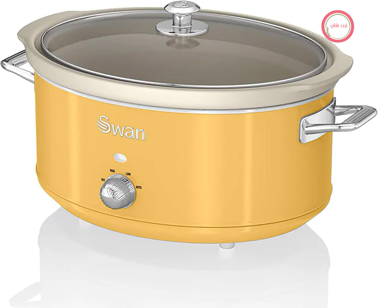پلوپز آرام‌پز سوان انگلستان Swan Retro SF17031YELNEU، قابلمه جداشدنی ۶.۵ لیتری، قابلمه سرامیکی نچسب بدون PFOA و PTFE، ۳ حالت تنظیم دما، درب شیشه‌ای، طراحی قدیمی، زرد، ۳۲۰ وات