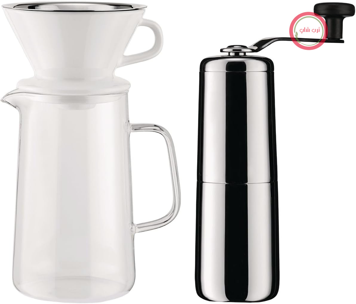قهوه آهسته آلسی مدل KT01SET - ست قهوه آهسته طراح شامل یک آسیاب قهوه از جنس استیل ضد زنگ 18/10، قوری شیشه‌ای پیرکس، نگهدارنده فیلتر چینی و فیلتر مش 18/10 از جنس استیل ضد زنگ
