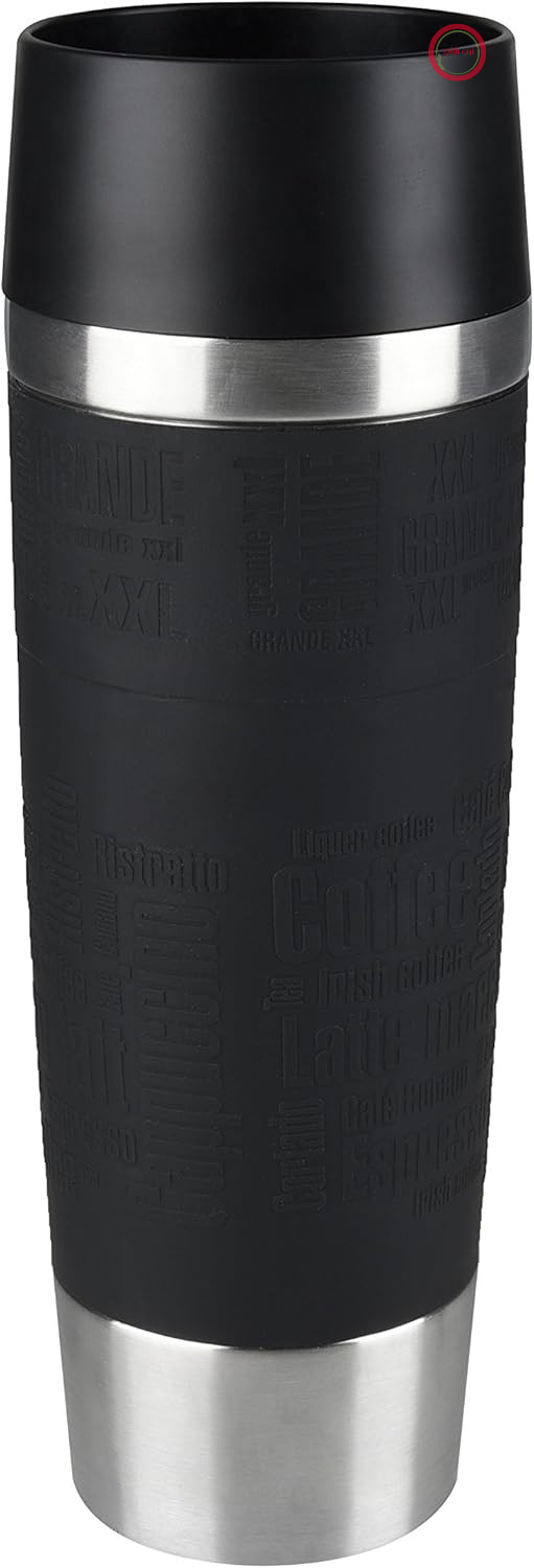 لیوان مسافرتی Tefal K3081214 Grande، لیوان مسافرتی قابل استفاده مجدد، درب سریع با فشار، روکش سیلیکونی مشکی برای بطری، 500 میلی لیتر