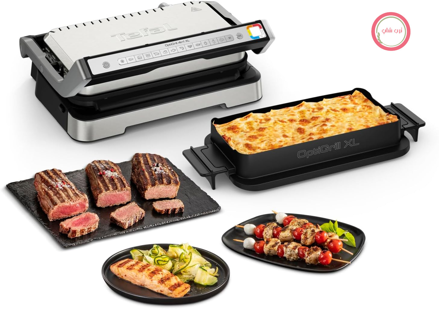 گریل تماسی تفال مدل OptiGrill 4in1 XL با سینی پخت، تاشو، گریل رومیزی، 12 برنامه، نشانگر سطح پخت، گریل برقی، فر، GC784D10