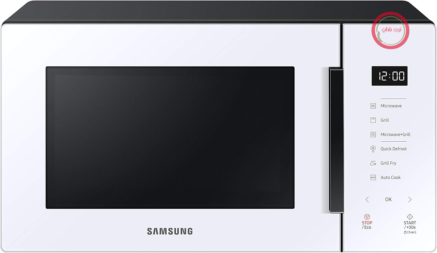 مایکروویو سامسونگ Samsung مدل MG23T5018CW با گریل، 23 لیتر، 800 وات، سرامیکی، لعابی، گریل، سرخ کردن و حالت آماده به کار اقتصادی، سفید