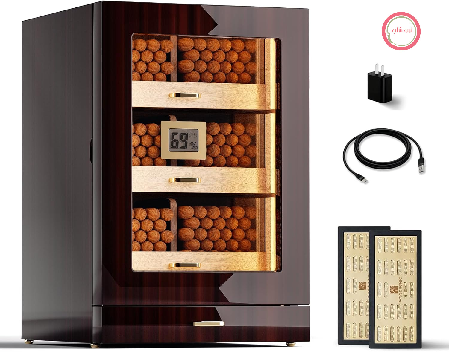 کابینت رطوبت گیر سیگار وودرونیک با چراغ LED، درب مغناطیسی، ۳ کشو و جداکننده ساخته شده از چوب سرو اسپانیایی، کشو لوازم جانبی، رطوبت سنج و رطوبت ساز دیجیتال، آبنوس براق