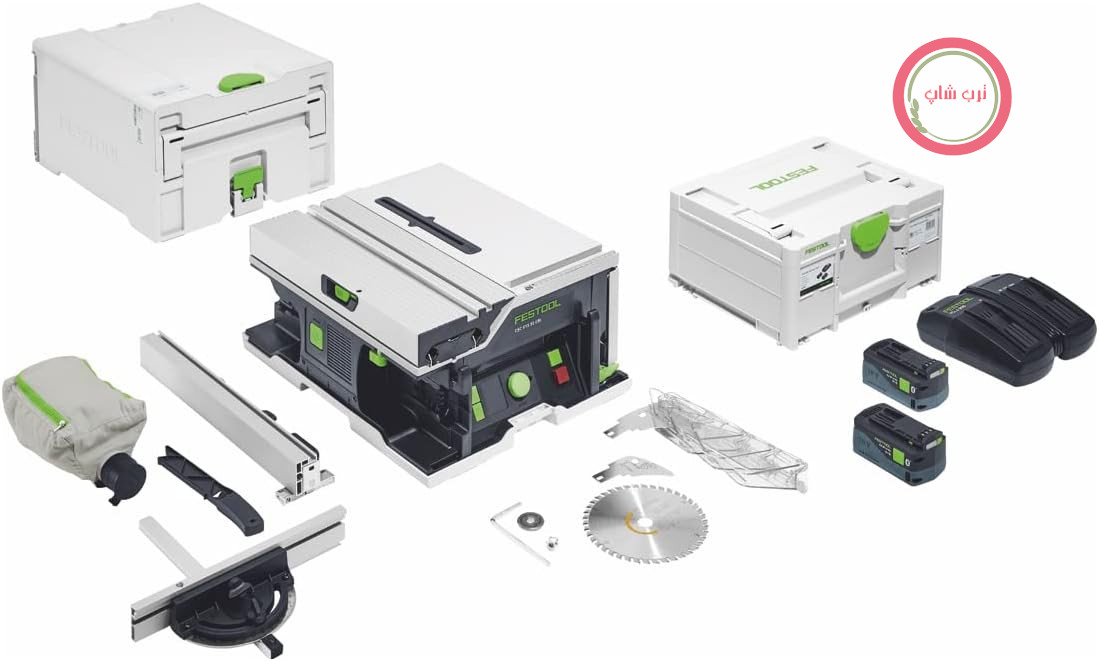 اره رومیزی بی‌سیم Festool CSC SYS 50 EBI-Plus (همراه با تیغه اره گرد، راهنمای موازی، دسته هل دهنده، توقف زاویه، کیسه جمع آوری گرد و غبار، چاقوی فرز، آچار آلن، مجموعه برقی)