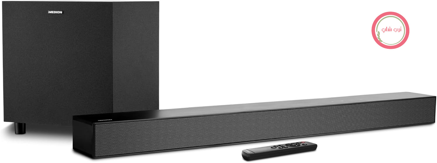 ساندبار MEDION S61022 3.1 Dolby Atmos با ساب ووفر بی‌سیم (برای تلویزیون، بلوتوث ۵.۳، HDMI eARC CEC، ورودی اپتیکال، AUX، ۳ ساب ووفر بی‌سیم ۲۰ وات + ۶۰ وات (RMS)، کنترل از راه دور