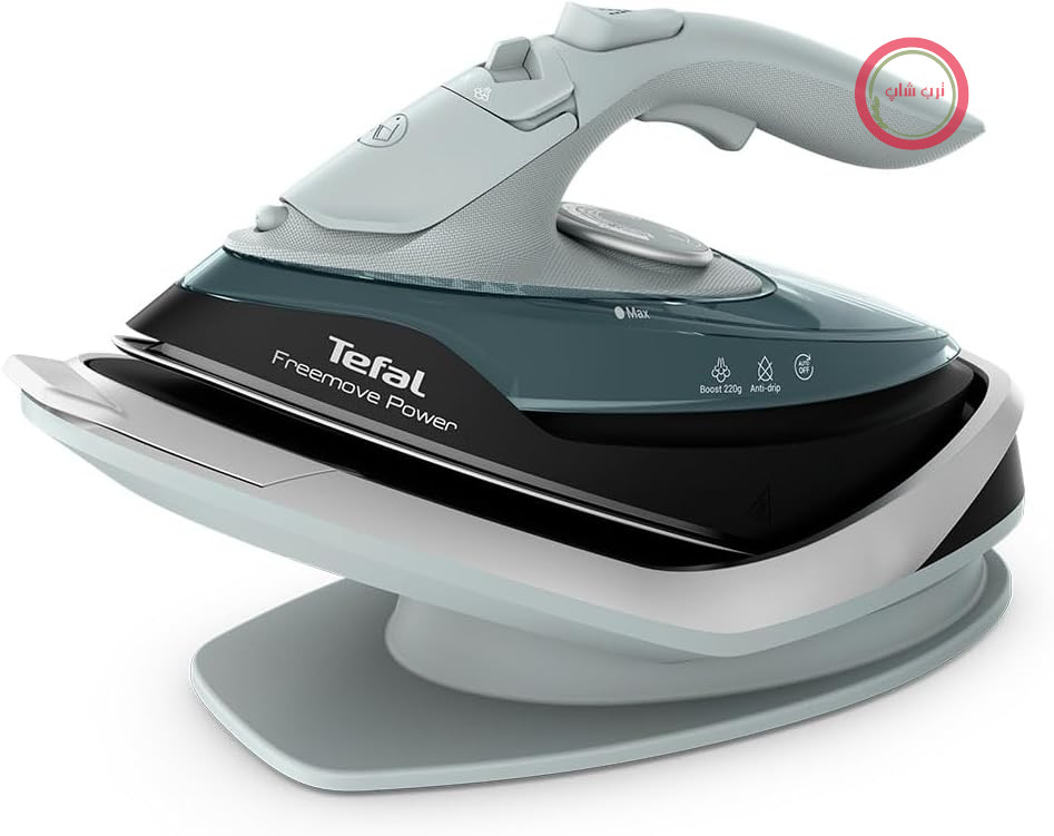 اتو بخار بی‌سیم Tefal Freemove Power FV6672G0، 2600 وات، 40 گرم در دقیقه بخار مداوم، 220 گرم، شارژ 11 ثانیه‌ای، سبک، 960 گرم، کفی سرامیکی، خاموش شدن خودکار، ضد نشت