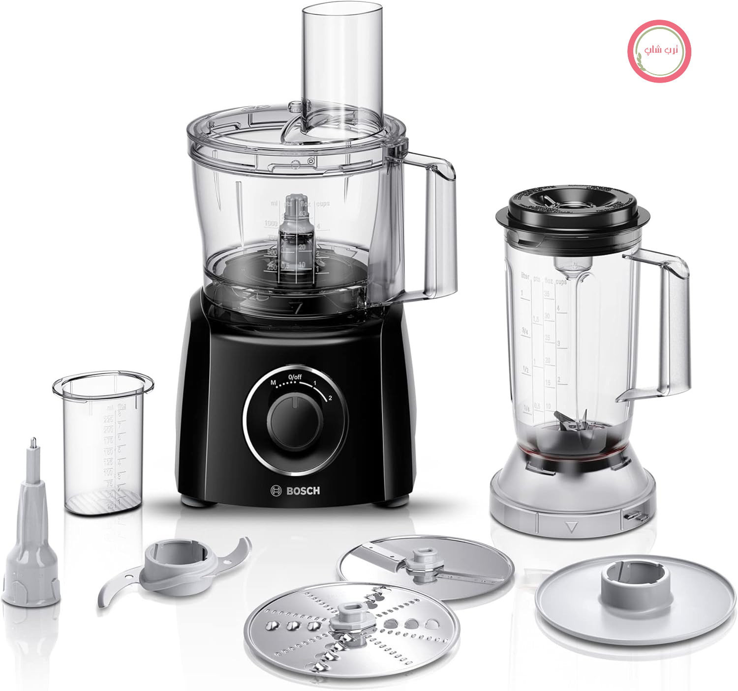 غذاساز جمع و جور Bosch MultiTalent 3 MCM3201B، 30 عملکرد، کاسه 2.3 لیتری، مخلوط کن 1.0 لیتری، تیغه جهانی، برش و رنده (ریز، درشت)، دیسک همزن (خامه، سفیده تخم مرغ)، 800 وات، مشکی