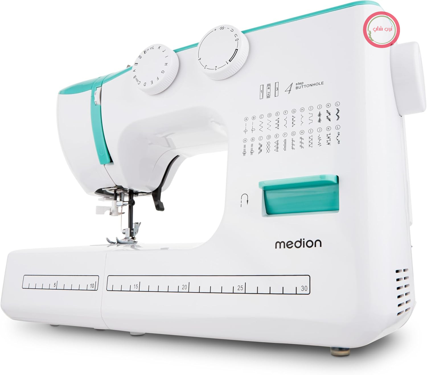 چرخ خیاطی بازوی آزاد MEDION SM60 (60 وات، 60 الگوی دوخت مختلف با جا دکمه، چراغ دوخت LED، سوزن نخ کن اتوماتیک، دکمه معکوس، نخ بر، MD10689) فیروزه ای