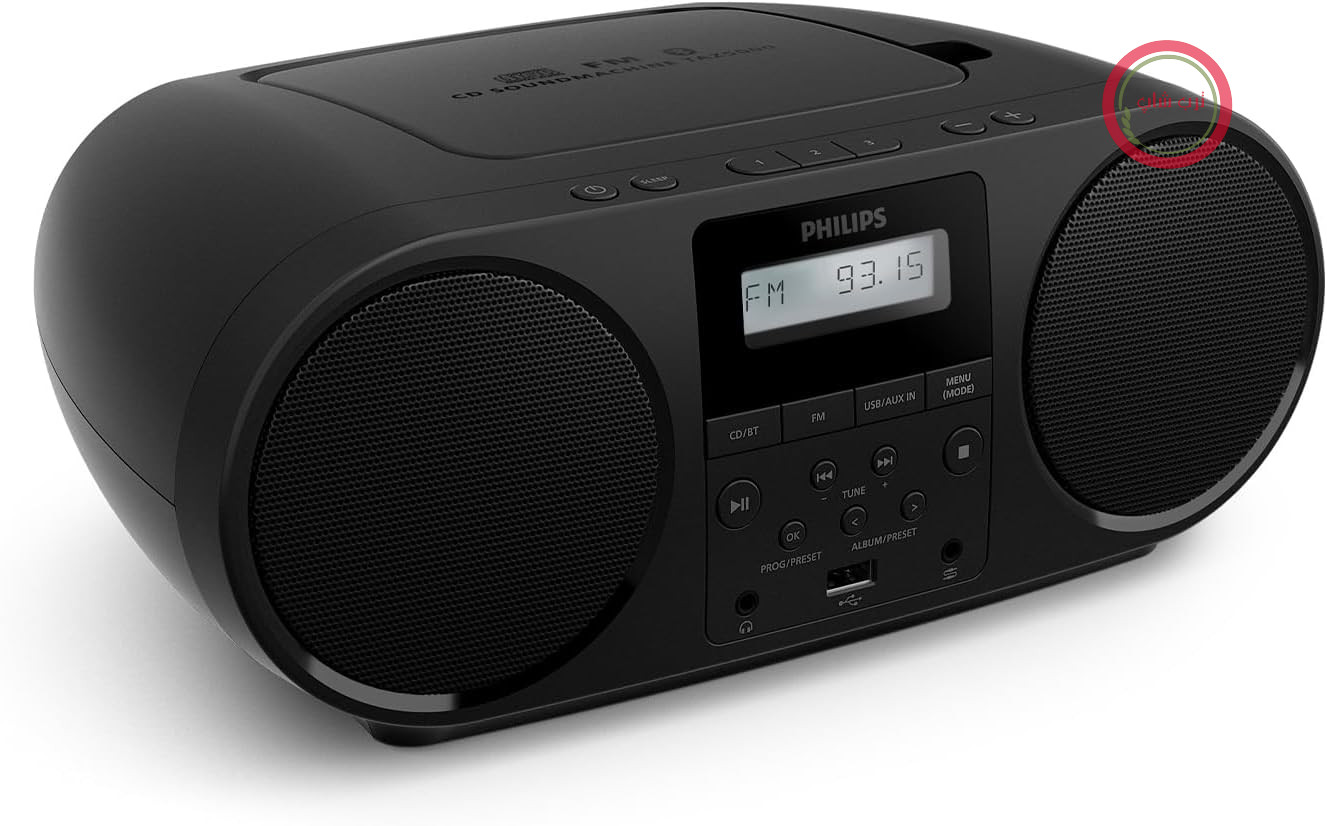 پخش‌کننده سی‌دی چندکاره فیلیپس TAZ5000 با رادیو FM، بلوتوث ۵.۴، USB، باتری/برق شهری، بیس پویا، مواد بازیافتی و جک هدفون ۳.۵ میلی‌متری