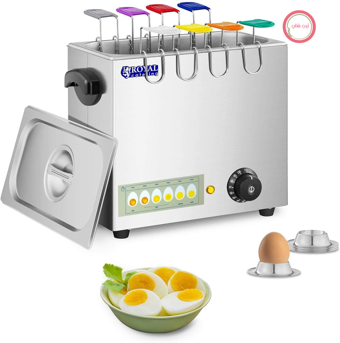 تخم مرغ پز تجاری Royal Catering RCEB-8T (2600 وات، استیل ضد زنگ، برای 8 تخم مرغ، قاشق تخم مرغ با کدگذاری رنگی، شامل 4 پیمانه تخم مرغ)