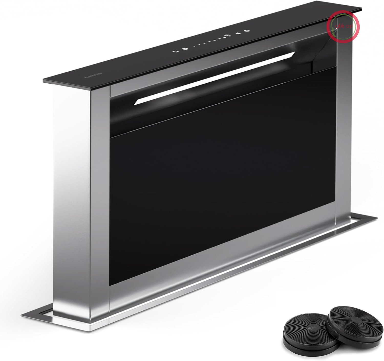 هود اجاق گاز Klarstein Downdraft 60 سانتی‌متر، هود جمع‌شونده برای آشپزخانه، هود باریک چرخشی بدون کانال‌کشی، جریان هوای 576 متر مکعب بر ساعت، روشنایی LED و پنل کنترل لمسی