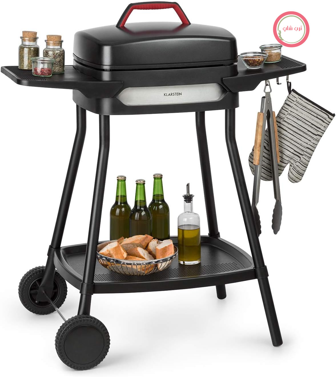 گریل برقی Klarstein Gatsby، گریل ایستاده، گریل رومیزی، توان: 2000 وات، طرح EasyGrill، سطح گریل: 40 x 36 سانتی‌متر/آلومینیوم ریخته‌گری شده/نچسب/هود گریل، دو میز کناری، مشکی