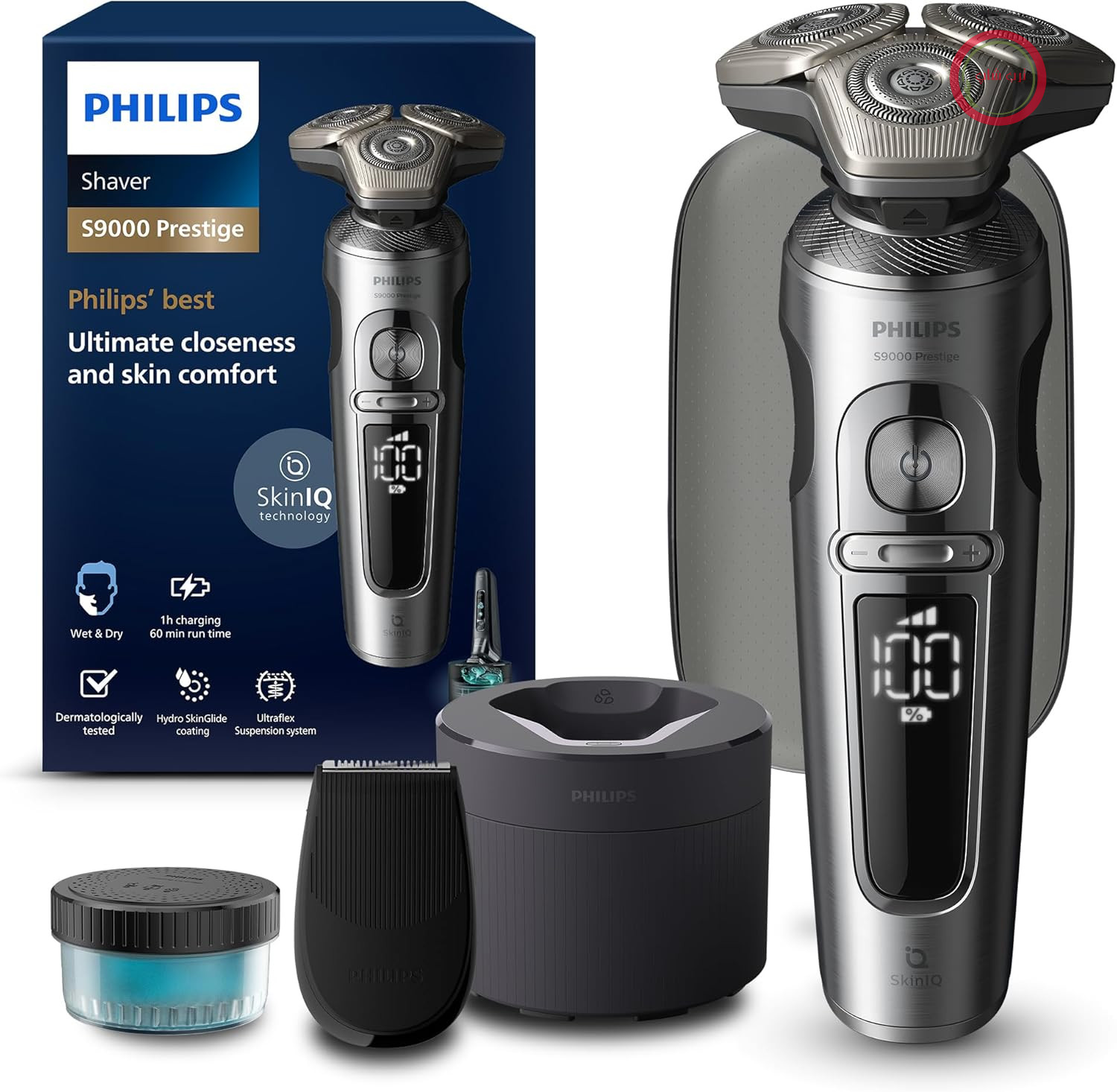 ریش تراش فیلیپس S9000 پرستیژ، ریش تراش برقی مخصوص آقایان، با روکش کروم براق، سیستم اصلاح Lift & Cut، فناوری SkinIQ، ماشین اصلاح دقیق، پایه تمیزکننده و کیف مسافرتی، SP9841/32