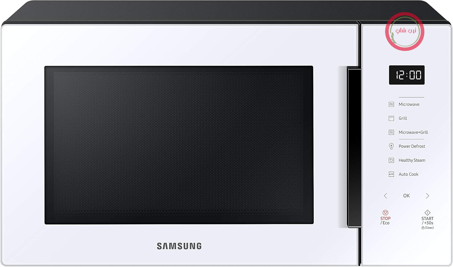 مایکروویو سامسونگ Samsung مدل MG30T5018UW با گریل، 30 لیتر، 900 وات، سرامیک، لعابی، بوگیر و بخارپز، سفید