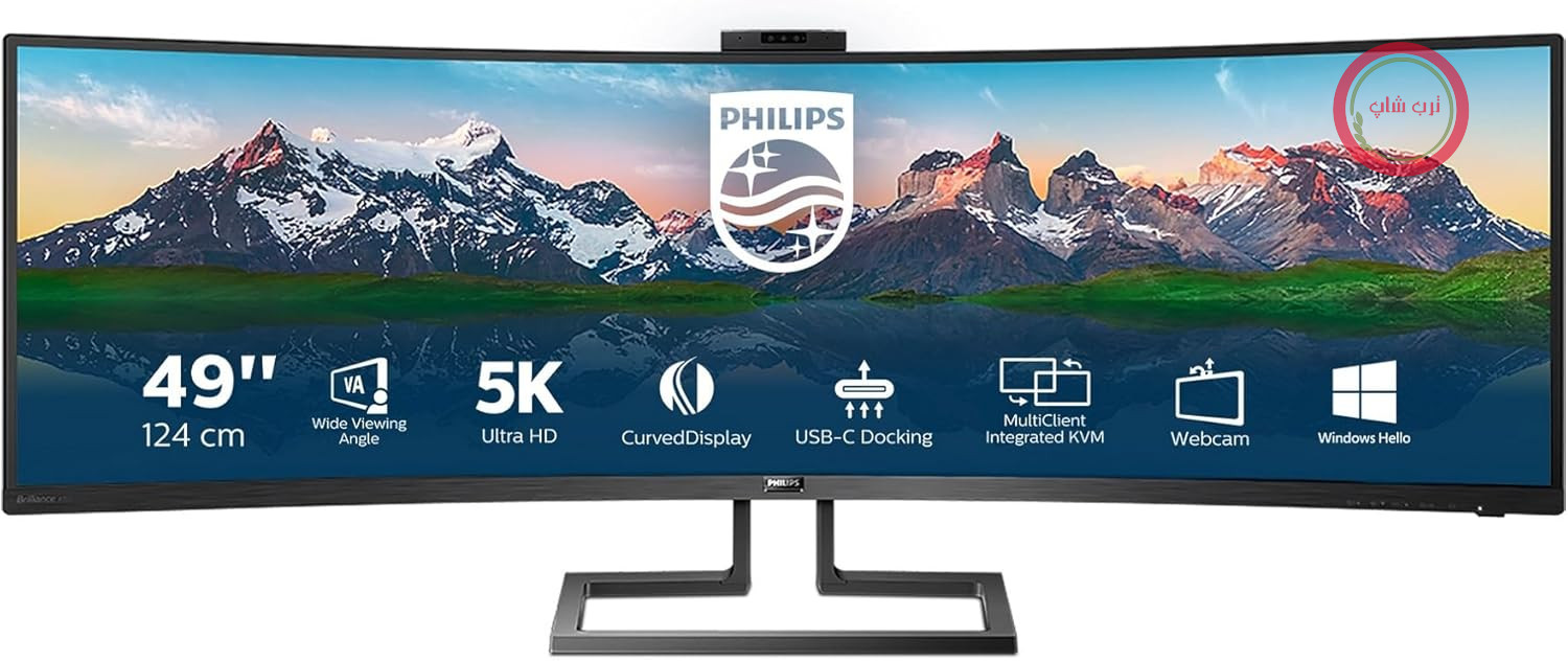 مانیتور ۴۹ اینچی منحنی فیلیپس مدل 499P9H با هاب USB و وضوح تصویر DQHD، نرخ نوسازی ۷۰ هرتز، پنل VA، زمان پاسخ ۵ میلی‌ثانیه، HDR400، وب‌کم، قابلیت تنظیم ارتفاع، بلندگوها، (5120x1440، HDMI 2x 2.0) مشکی