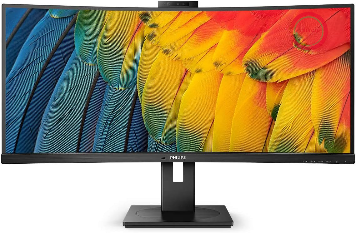مانیتور منحنی 34 اینچی Zoll WQHD فیلیپس مدل 34B1U5600CH، دارای صفحه نمایش منحنی، وب کم 5 مگاپیکسلی، قابلیت حذف نویز (3440x1440، 100 هرتز، HDMI، DisplayPort، USB-C، RJ45، هاب USB) ساخت شرکت Schwarz