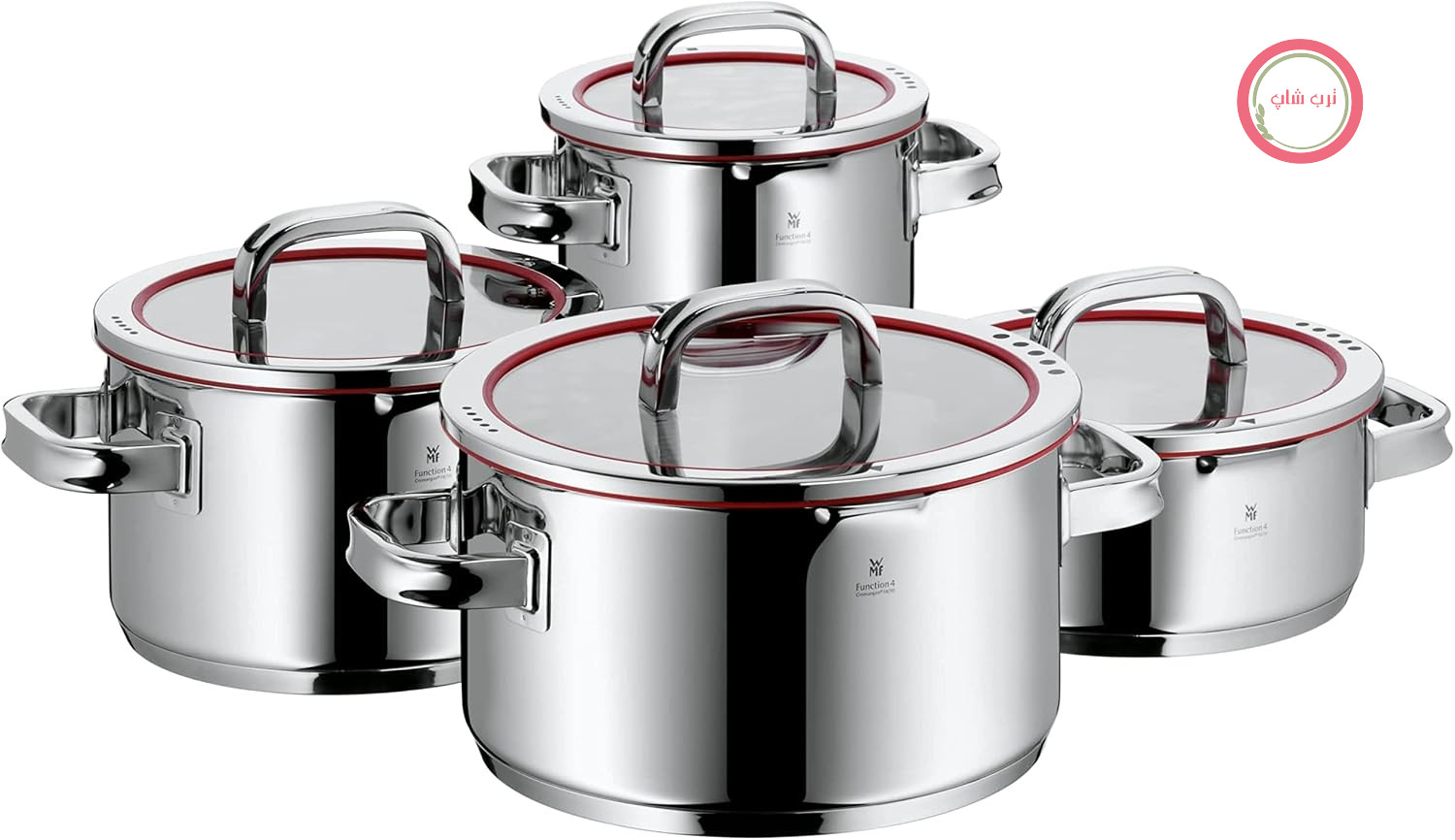 سرویس قابلمه القایی 4 تکه WMF Function 4، استیل ضد زنگ براق Cromargan، درب شیشه‌ای با 4 عملکرد ریختن، قابلمه‌های سازگار با القایی، مقیاس اندازه‌گیری داخلی