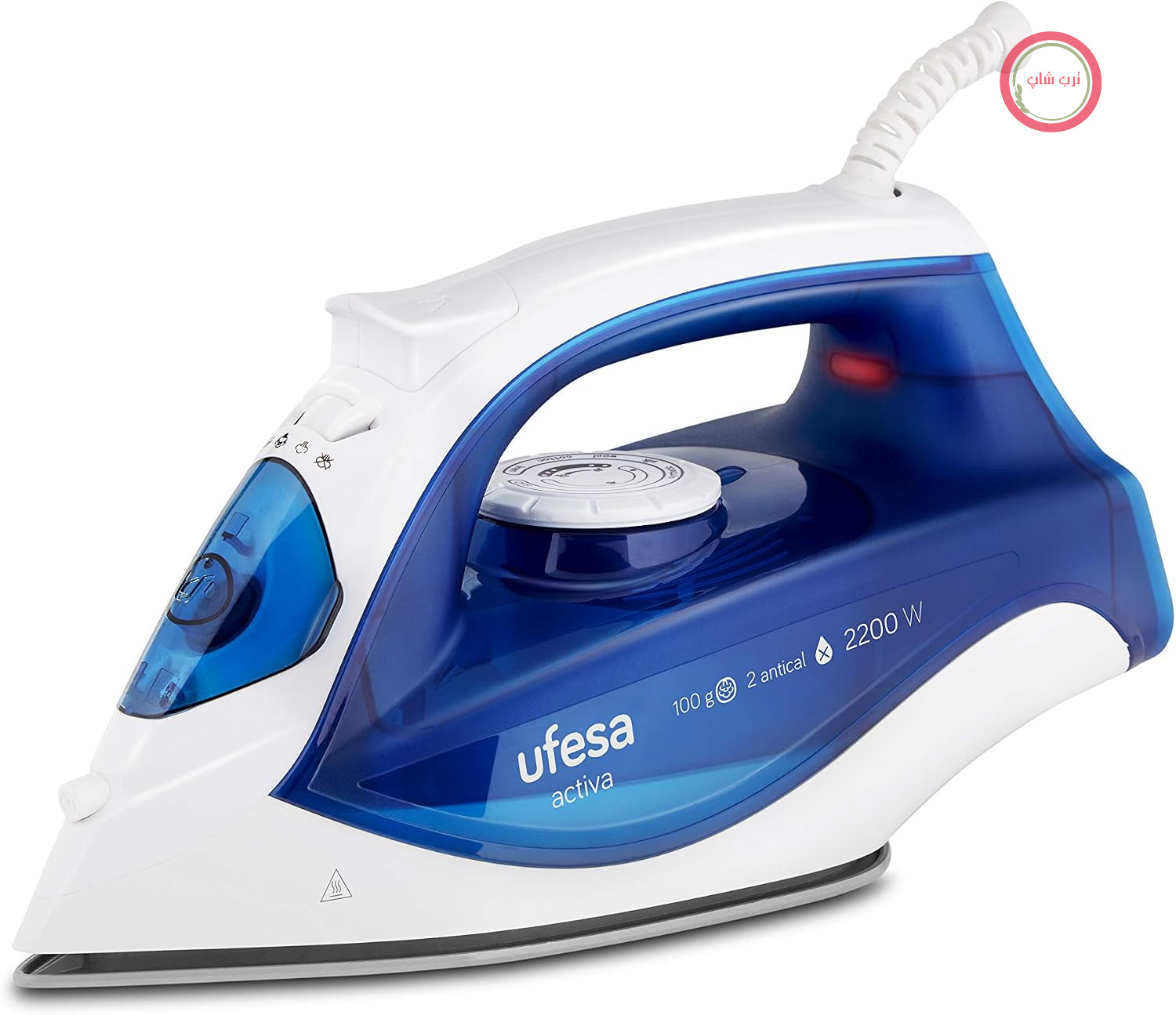 اتو بخار اکتیوا یوفسا اسپانیا مدل Ufesa PV1500C، 2200 وات، حداکثر بخار لحظه‌ای 100 گرم و بخار مداوم 25 گرم در دقیقه، کف سرامیکی، سیستم ضد چکه دوگانه، پلاستیکی، سفید/آبی