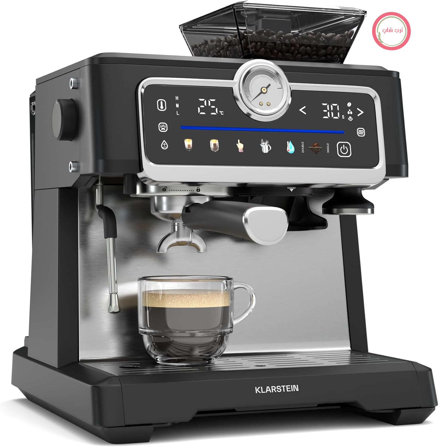 دستگاه اسپرسوساز Klarstein GrandPresso Touch با آسیاب – 20 بار، 1350 وات، آسیاب دقیق یکپارچه، صفحه لمسی، مخزن آب 2.3 لیتری، نازل بخار، استیل ضد زنگ، مشکی