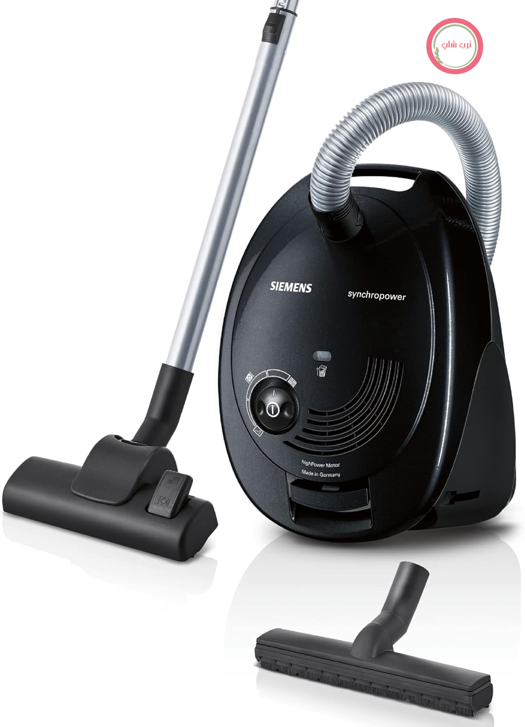 جاروبرقی کیسه‌دار زیمنس synchropower VS06B112A، جاروبرقی ایستاده، فیلتر بهداشتی، نازل کف برای پارکت، فرش، کاشی، قدرت مکش قوی، کابل بلند، نازل مخصوص درز و شکاف، 700 وات، مشکی