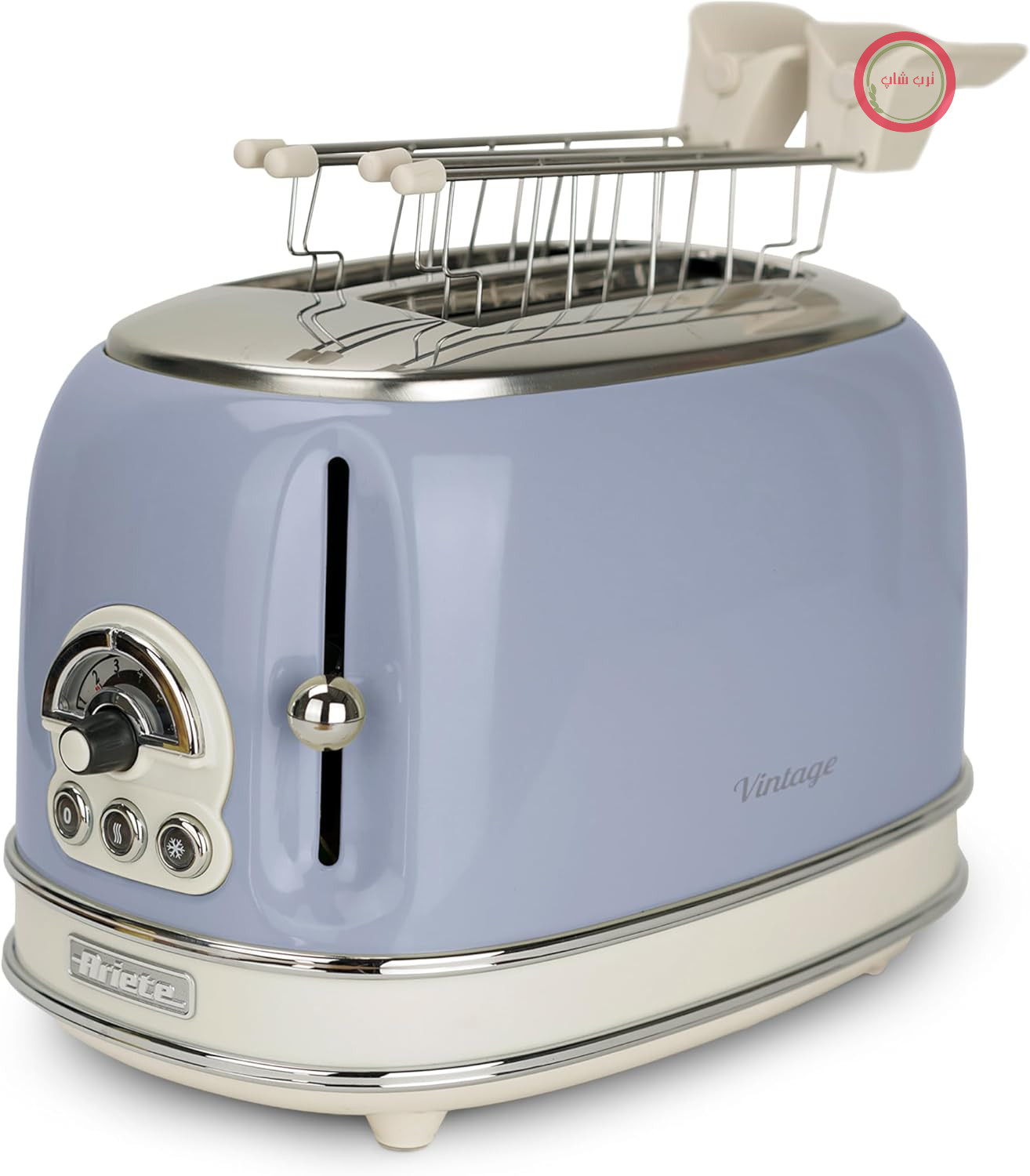 توستر Ariete Vintage 155، دو تکه، توستر رترو با 6 سطح تست، تخلیه خودکار، عملکرد یخ‌زدایی، سینی خرده نان قابل جدا شدن، محفظه استیل ضد زنگ، با انبر ساندویچ، 810 وات، آبی