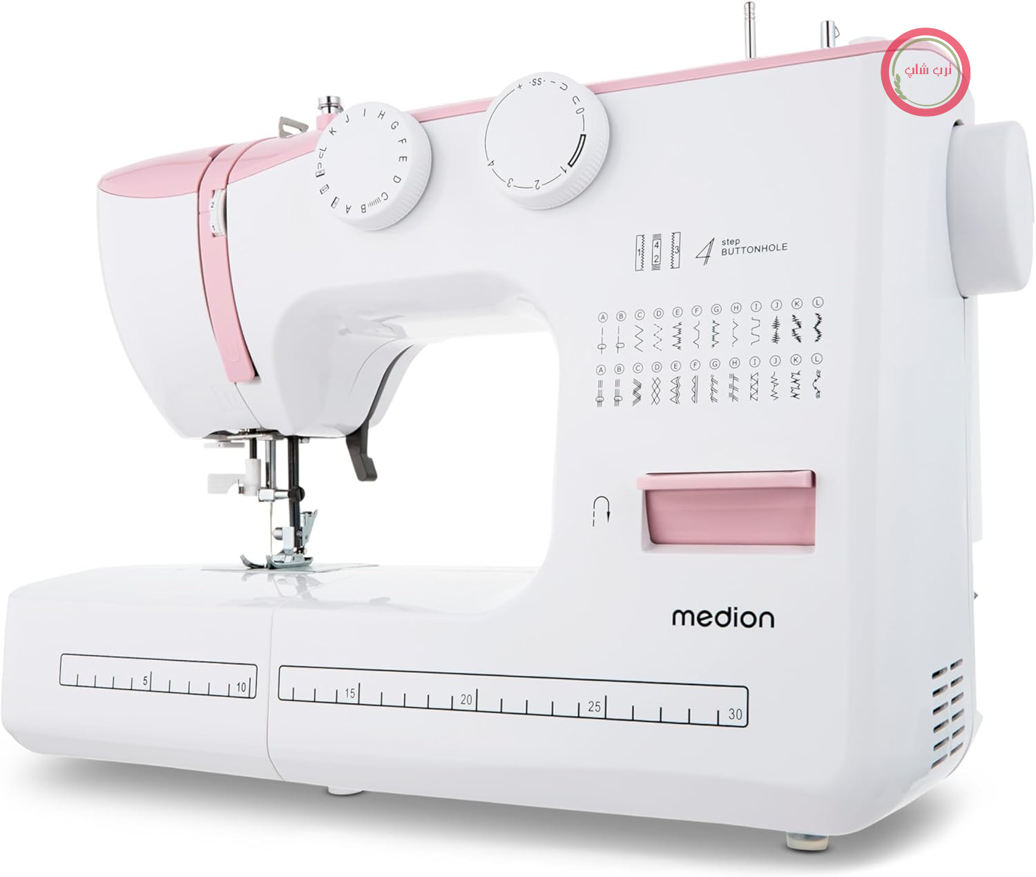 چرخ خیاطی بازوی آزاد MEDION SM60 (60 وات، 60 الگوی دوخت مختلف با جا دکمه، چراغ دوخت LED، سوزن نخ کن اتوماتیک، دکمه معکوس، نخ بر، MD10689) صورتی