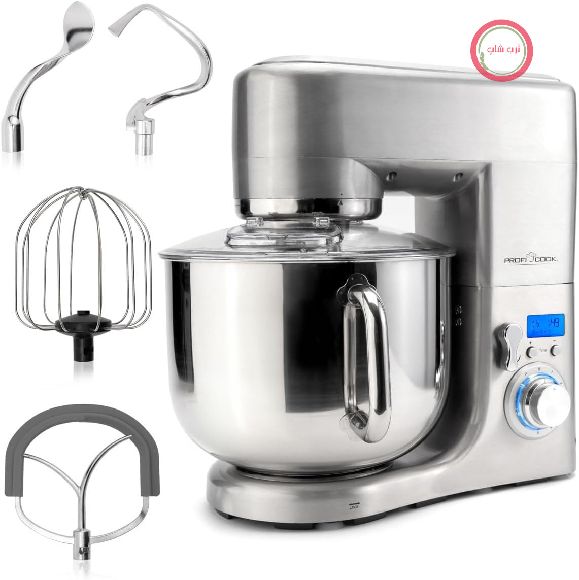 غذاساز ماشین آشپزخانه پروفی کوک با کاسه استیل ضد زنگ XL 10L | دستگاه خمیرزن با موتور 1500 وات | دستگاه خمیرزن شامل قلاب و همزن | دستگاه خمیرزن با محافظ پاشش و دریچه پر کردن مجدد | PC-KM 1096 نقره‌ای