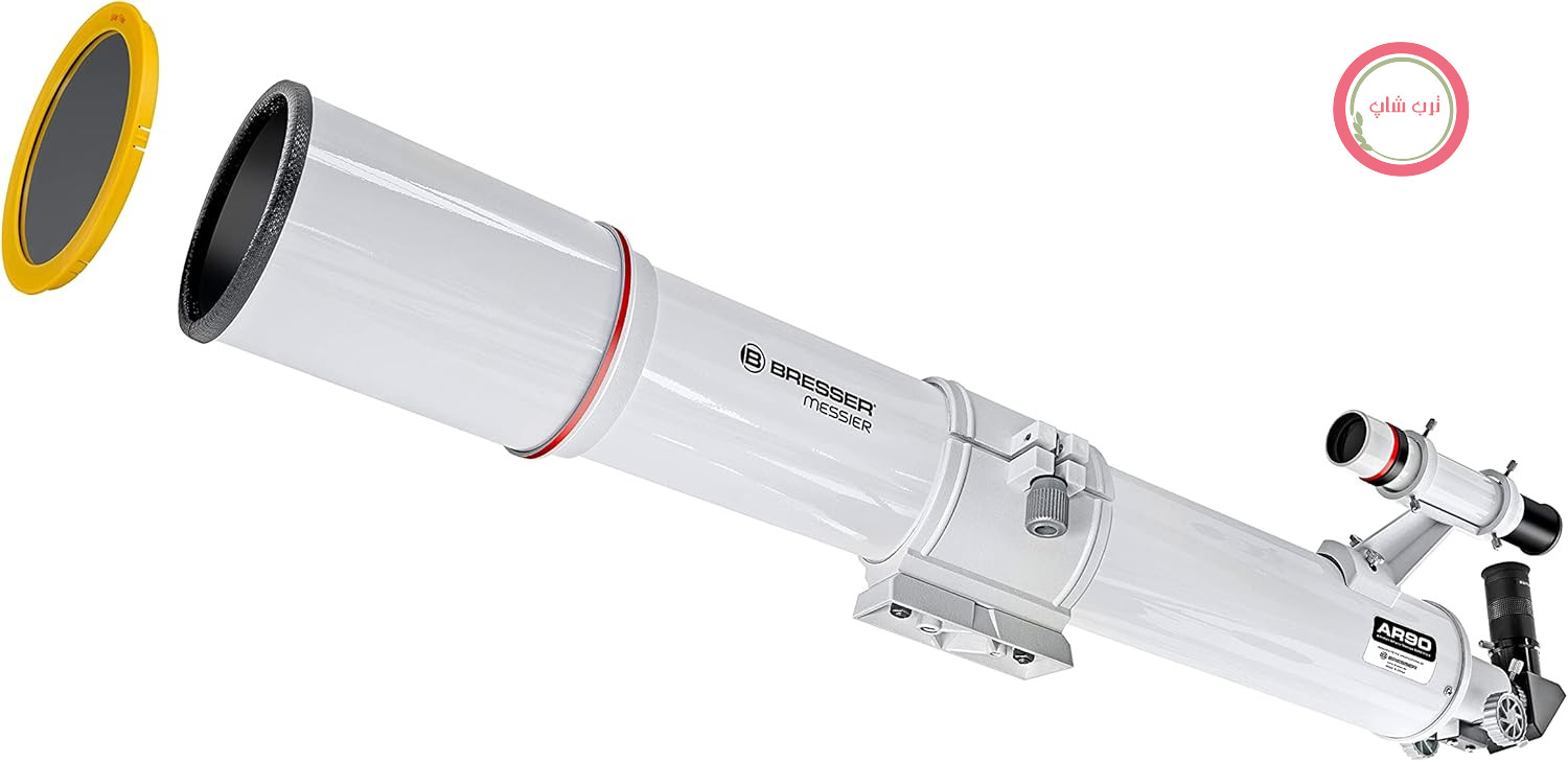 تلسکوپ شکستی Bresser Messier AR-90/900 F10 با ریل اتصال GP و جوینده تلسکوپ 6x30 | ماه، سیارات، آسمان ژرف، آداپتور تلفن همراه، بزرگنمایی 180 برابر، چشمی 26 میلی‌متری، آینه سمت‌الرأس، اتصال T2، جوینده تلسکوپ