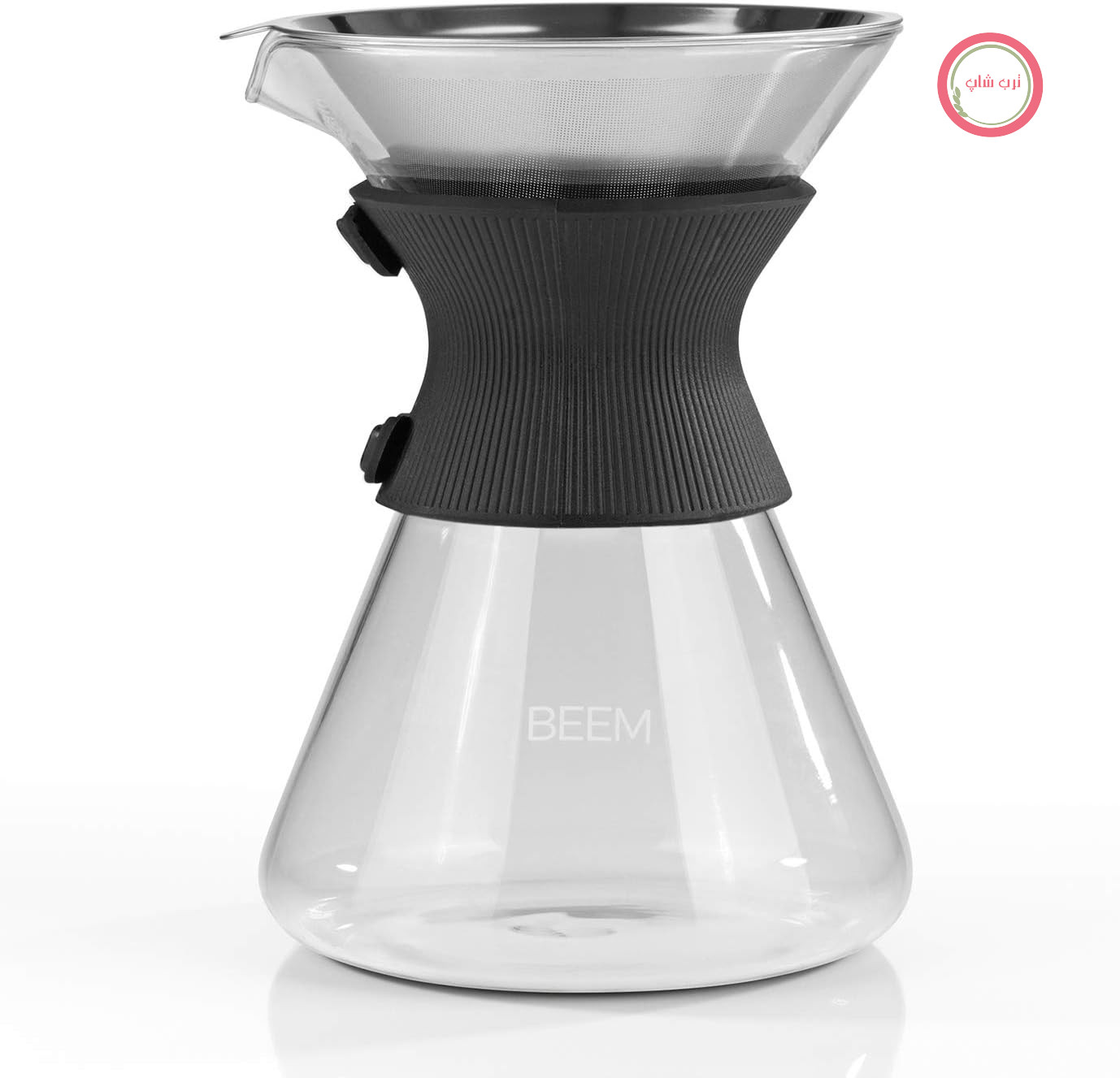 قوری قهوه BEEM POUR OVER با فیلتر دائمی - 6 فنجان انتخاب کلاسیک قوری شیشه‌ای 3 تکه 0.75 لیتری شامل روکش سیلیکونی فیلتر دائمی دهانه ریختن برای ریختن بدون چکه روی لیوان