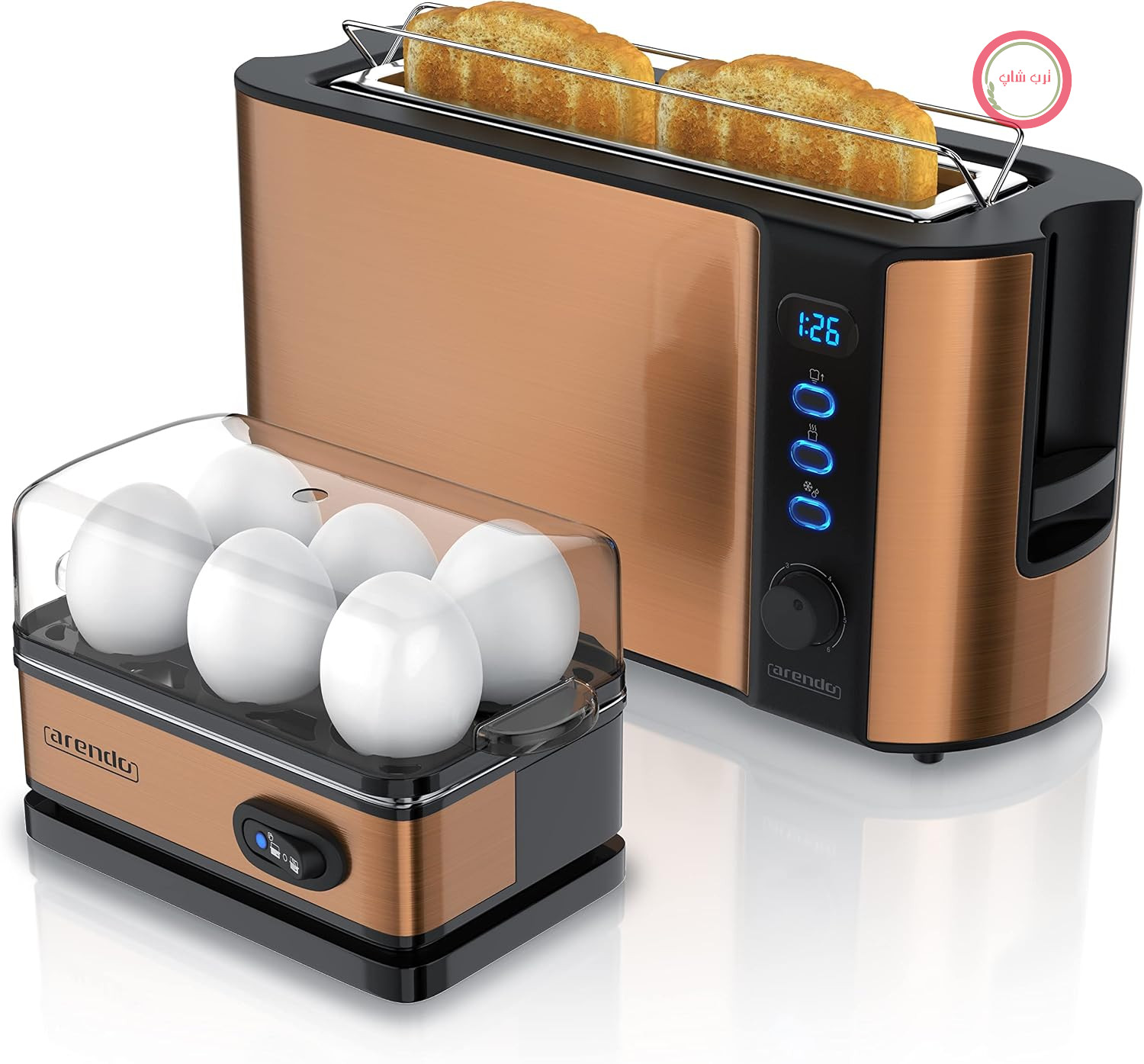مجموعه توستر و تخم مرغ پز FRUKOST آرندو، استیل ضد زنگ و مس - توستر 2 تکه، صفحه نمایش LED، 6 سطح برشته کردن، جای نان - تخم مرغ پز (1-6 تخم مرغ)، پیمانه اندازه گیری