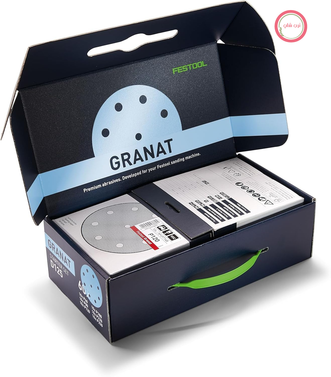 مجموعه دیسک سنباده Festool Granat D125 - کاغذ سنباده 50x 125mm | مجموعه ساینده برای سنباده‌های مداری تصادفی، دانه‌بندی P80-P180، اکسید سرامیک و آلومینیوم، سنباده‌زنی بدون گرد و غبار