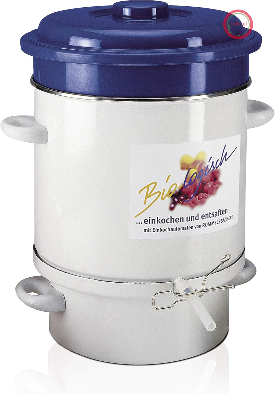 آبمیوه‌گیری بخار ROMMELSBACHER EE 1505 - ساخت آلمان، المنت حرارتی، پوشش لعابی دو لایه، مخزن جمع‌آوری آبمیوه: ۴ لیتر، سبد میوه، شلنگ/گیره پرکن، محافظ در برابر گرمای بیش از حد/خشک شدن، ۱۵۰۰ وات
