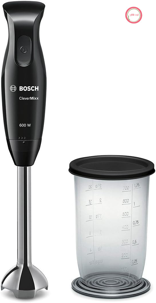 مخلوط کن دستی Bosch MSM2610B CleverMixx، 600 وات، چاقوی چهار تیغه QuattroBlade، پایه مخلوط کن از جنس استیل ضد زنگ، ظرف مخلوط کن/اندازه گیری، مشکی پیانویی/آنتراسیت