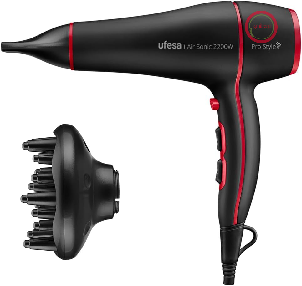 سشوار حرفه‌ای یوفسا اسپانیا Ufesa مدل Air Sonic 2200 W، موتور AC، وز مو را از بین می‌برد، شامل پخش‌کننده و متمرکزکننده، 2 سرعت، 3 دما، کول شات، مشکی/قرمز
