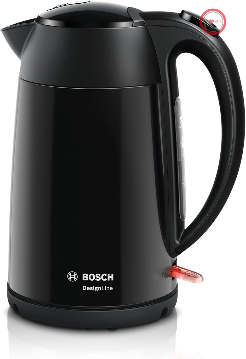کتری بی‌سیم Bosch DesignLine TWK3P423، بدون پاشش آب، نشانگر فنجان، نشانگر سطح آب، محافظت در برابر گرمای بیش از حد، 1.7 لیتر، 2400 وات، مشکی