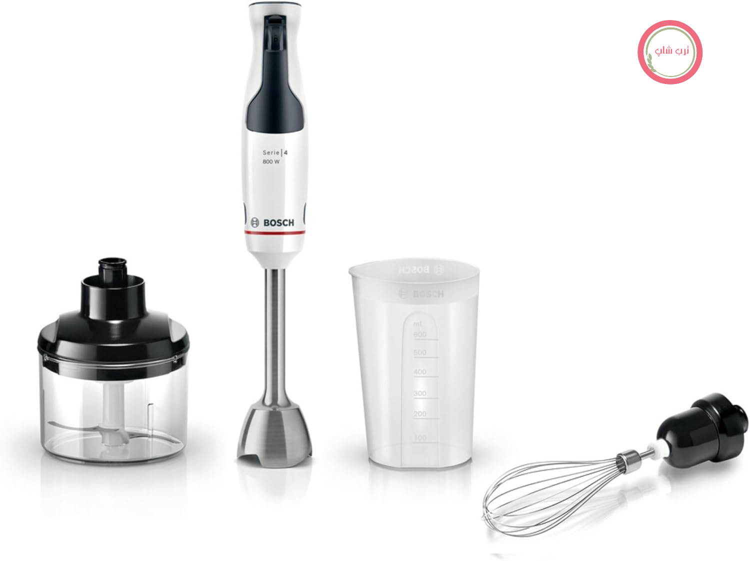 مخلوط کن دستی Bosch ErgoMaster سری 4، موتور 800 وات، کنترل سرعت، سیستم مخلوط کردن QuattroBlade، شامل لوازم جانبی، سفید، MSM4W421