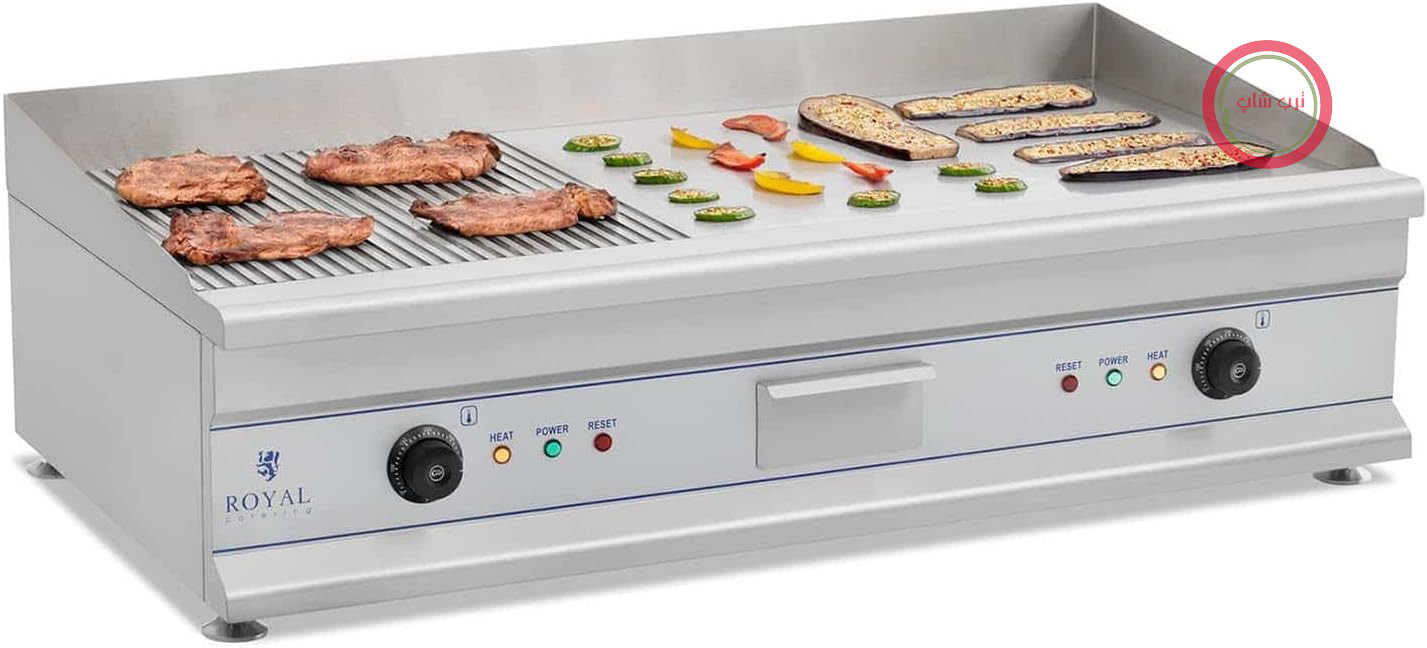 گریل رومیزی برقی Royal Catering RCG 100G، گریل رومیزی، گریل تجاری، استیل ضد زنگ (2 × 3200 وات، شیاردار، صاف، محافظ پاشش آب، دستگاه زهکشی، تا 300 درجه سانتیگراد، 100 × 40 × 28 سانتی‌متر)