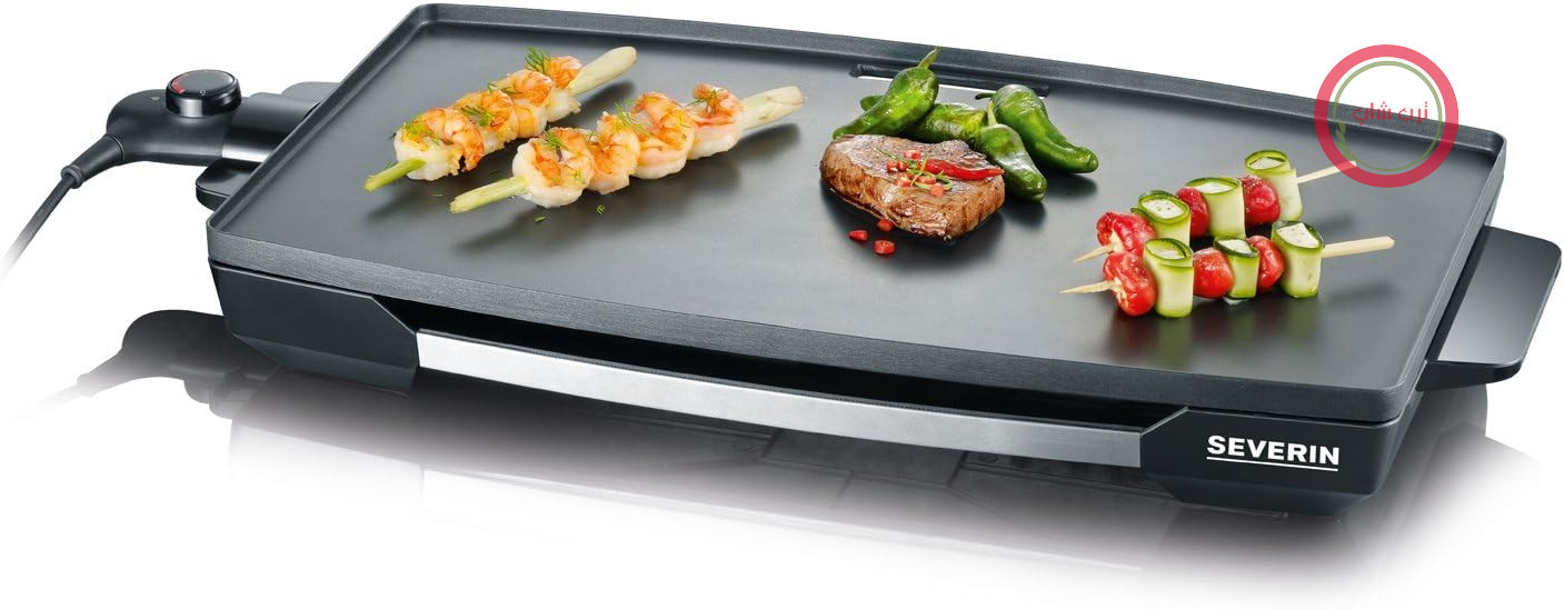 گریل باربیکیو ساز سورین آلمان رومیزی SEVERIN برای گوشت، ماهی و سبزیجات، بشقاب Teppan Yaki سایز XXL با روکش نچسب، گریل برقی با سینی چکه گیر و کنترل دما، مشکی، KG 2397
