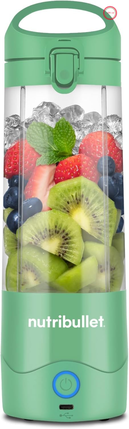 nutribullet Portable NBP003LG، مخلوط کن قابل حمل (475 میلی لیتر)، قابل شارژ، مخلوط کن کوچک، چاقوی 4 تیغه، لیوان تریتان، 15+ چرخه در هر بار شارژ، قابل حمل، شارژ USB-C، سبز روشن