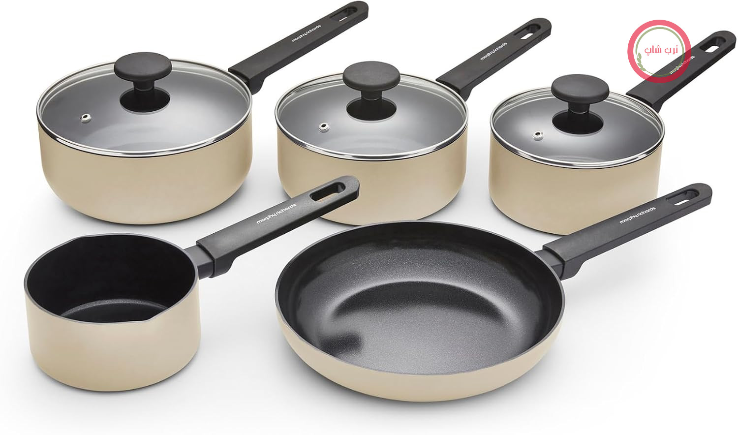 سرویس قابلمه مورفی ریچاردز انگلستان Morphy Richards مدل ۸۵۹۵۰۴، جنس آلومینیوم بازیافتی، قابلمه شیر ۱۴ سانتی‌متری، ماهیتابه ۲۳ سانتی‌متری، قابلمه‌های ۱۶، ۱۸ و ۲۰ سانتی‌متری، روکش نچسب، دسته‌های نرم، مناسب برای همه اجاق گازها