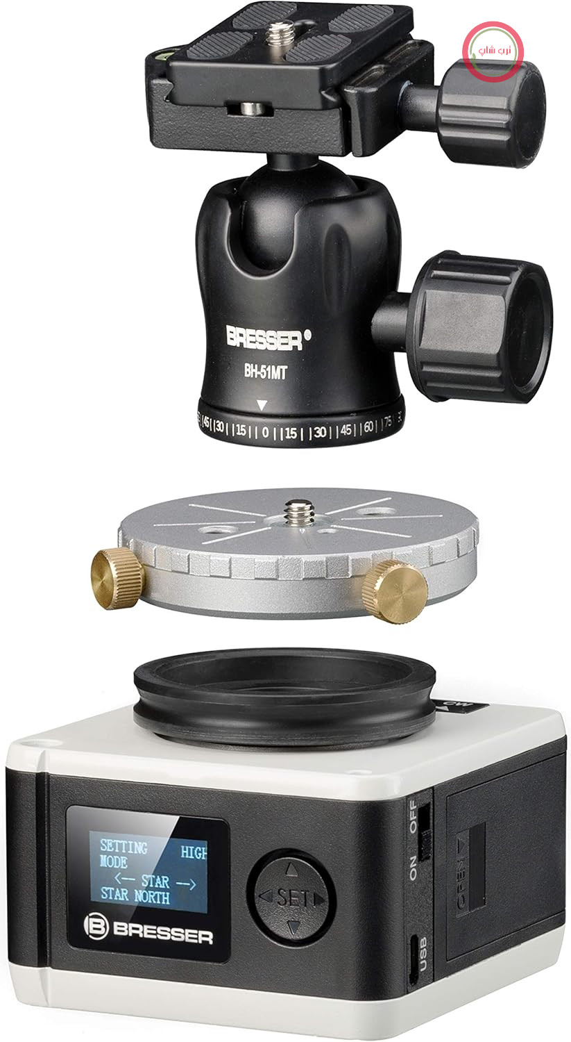 پایه عکاسی نجومی Bresser StarTracker مدل PM-100 برای عکاسی با نوردهی طولانی یا تایم لپس | ردیابی استوایی، تایم لپس، گوی سر، نمایشگر LCD، وزن خالص قطبی ۲ کیلوگرم، سمت ارتفاعی ۵ کیلوگرم، تا ۲۰ ساعت