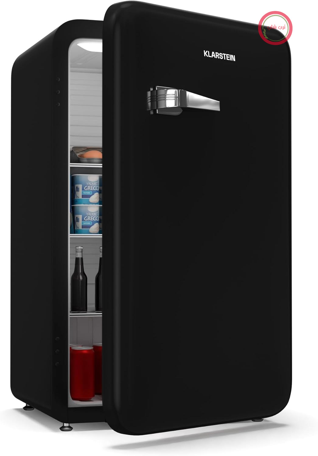 یخچال کوچک قدیمی Klarstein Audrey Evo 90L - بی‌صدا ۴۰ دسی‌بل، یخچال جمع‌وجور با پایه‌های قابل تنظیم، درب معکوس، ترموستات مکانیکی، مشکی