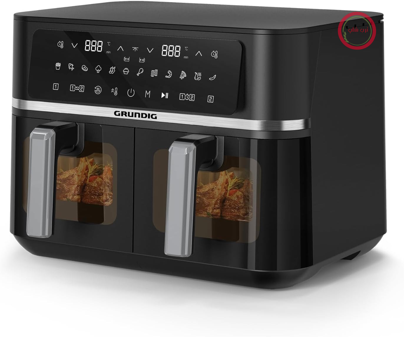سرخ کن هوای گرم GRUNDIG FRY 8620، 2400 وات، 8.4 لیتر، دو سبد سرخ کردن، 80 تا 200 درجه سانتیگراد، صفحه نمایش لمسی، 12 برنامه خودکار، پرداخت هوشمند، مشکی/کروم