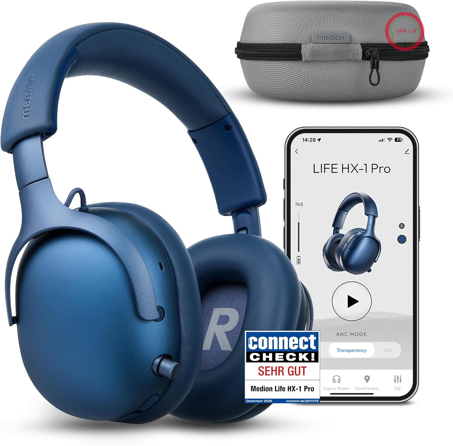 هدفون روگوشی MEDION مدل HX-1 Pro (بی‌سیم، حذف نویز فعال هیبریدی، بلوتوث ۶.۰، بی‌سیم، ۷+۱ تنظیم اکولایزر، عمر باتری تا ۱۹۰ ساعت، ضد آب با استاندارد IPX4) آبی