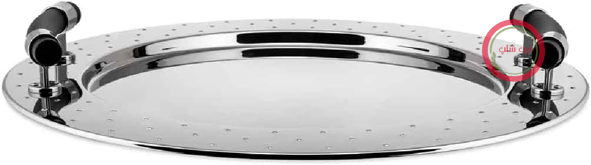 سینی گرد Alessi از جنس استیل ضد زنگ براق با دسته‌های مشکی PA