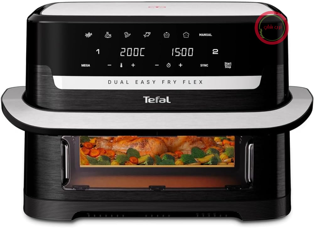 سرخ کن تفال Dual Easy Fry Flex با ظرفیت ۹ لیتر – سرخ کن بدون روغن با ۲ محفظه و قابلیت GiantZone، تقسیم کننده FlexCook، ۲۷۰۰ وات، دمای ۴۰ تا ۲۰۰ درجه سانتیگراد، ۷ برنامه، سرخ کردن کم چرب و آماده سازی همزمان ۲ غذا EY9228