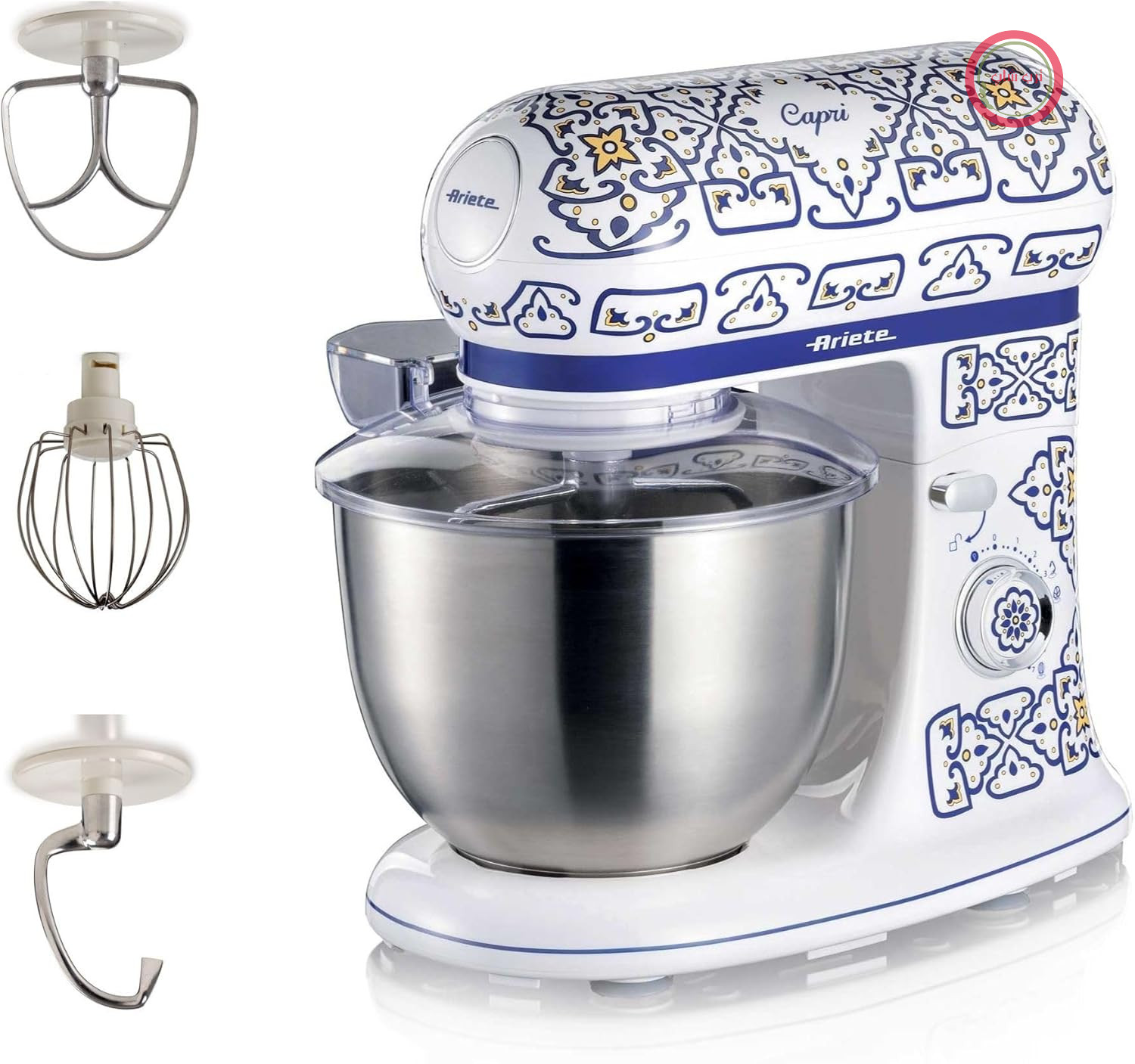 غذاساز Ariete 1588 Capri، 7 حالت سرعت، 3 همزن برای خمیرهای نرم و سفت، درب با محافظ پاشش آب، کاسه استیل ضد زنگ 5.5 لیتری، طراحی مدیترانه‌ای، 2400 وات
