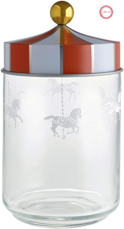 شیشه هرمتیک طرح‌دار Alessi Circus MW30/100، ساخته شده از شیشه سیلک اسکرین با درب لولایی، ۱۰۰ سانتی‌متر، ۱۰.۵۰ در ۱۰.۵۰ در سانتی‌متر، چند رنگ