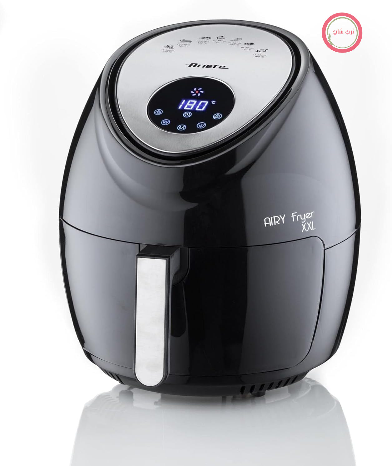 سرخ کن هوای گرم Ariete مدل XXL 4618، سرخ کن هوای گرم 7 لیتری، تایمر 60 دقیقه ای، صفحه نمایش LCD و صفحه لمسی با 7 سطح پخت، حداکثر دما 200 درجه سانتیگراد، ظرفیت 2.5 کیلوگرم، 1800 وات، مشکی